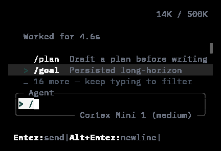 Cortex CLI slash palette showing /plan and /goal in a 40 by 12 terminal