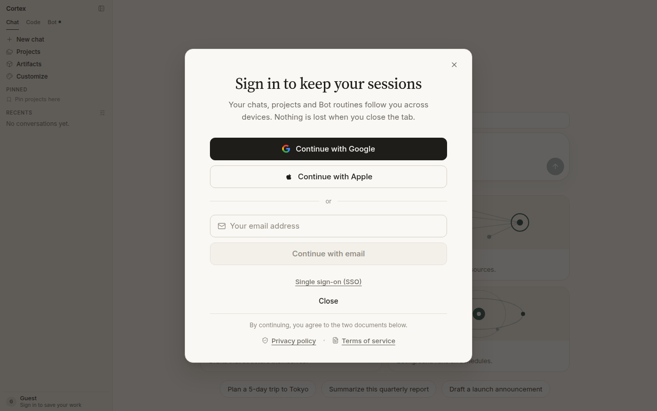 Sign in to keep your sessions — continue with Google, Apple, email, or single sign-on
