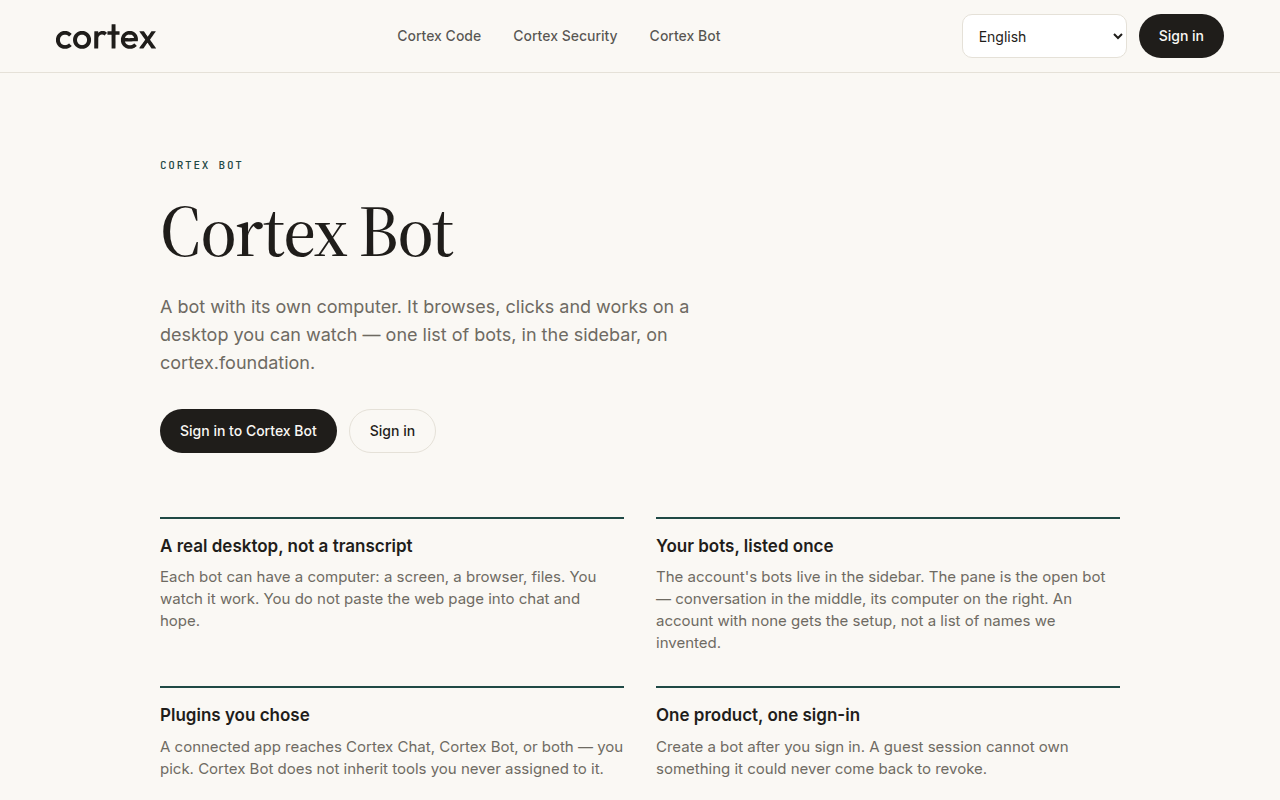 Cortex Bot public page — a bot with its own computer