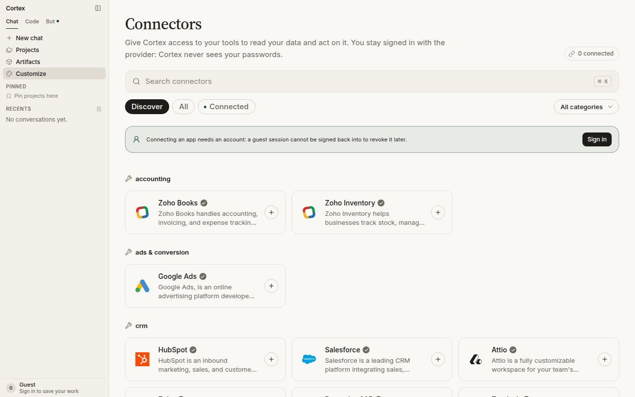 Connectors — search connectors, Discover / All / Connected, apps grouped by category