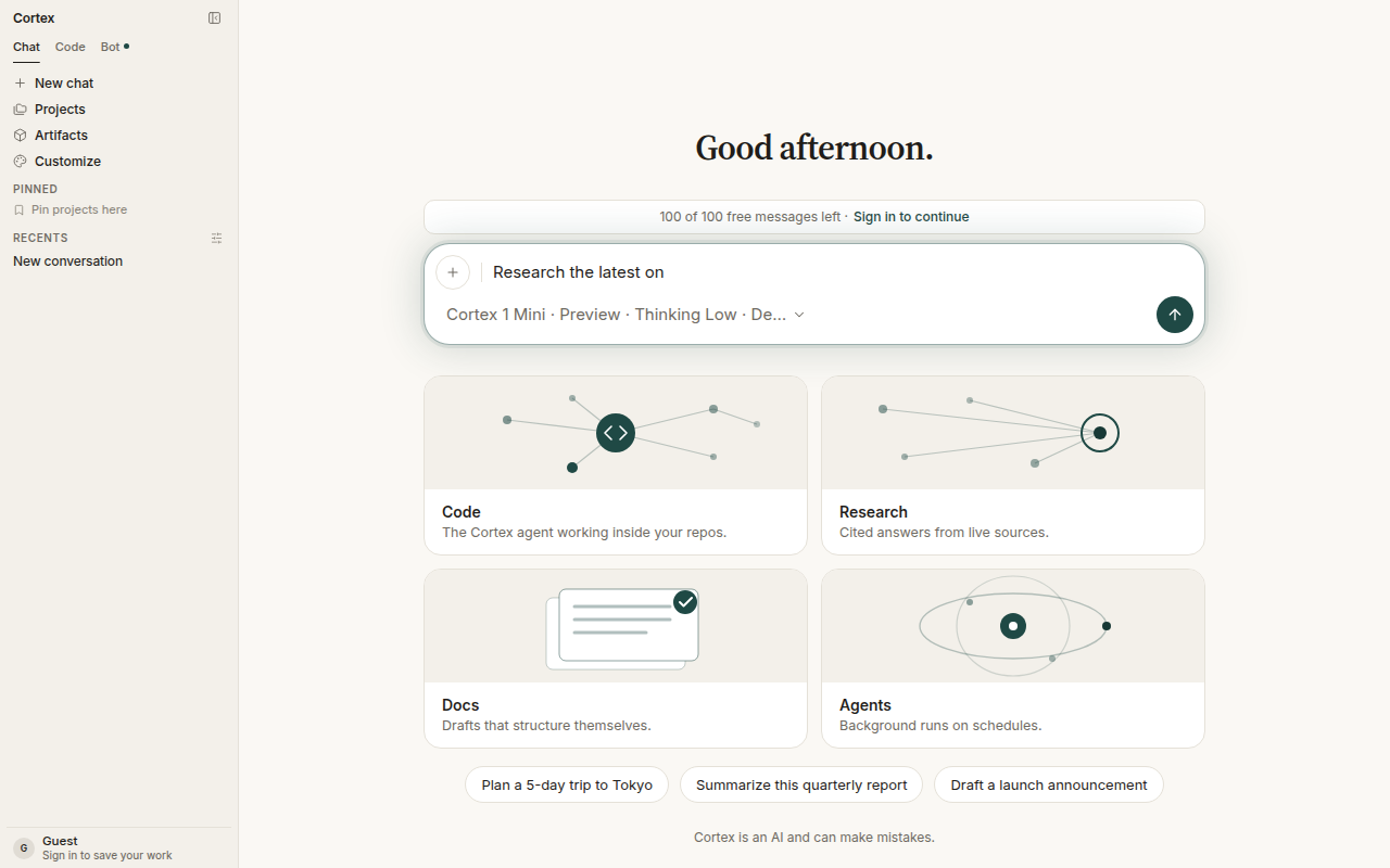 Chat composer prefilled with “Research the latest on” and the model chip showing Deep Research enabled