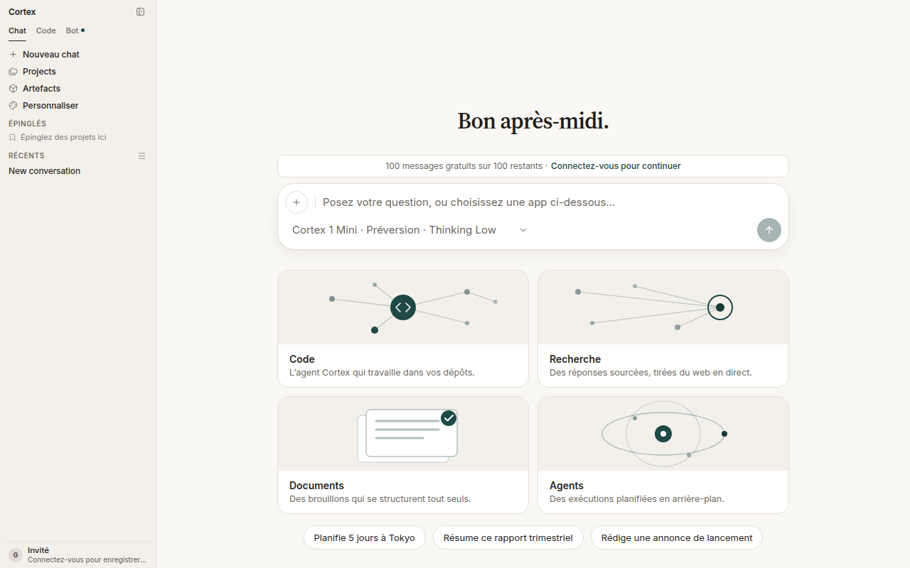 Cortex Chat home in French — Bonjour, Nouveau chat, Projets, Artefacts, Personnaliser