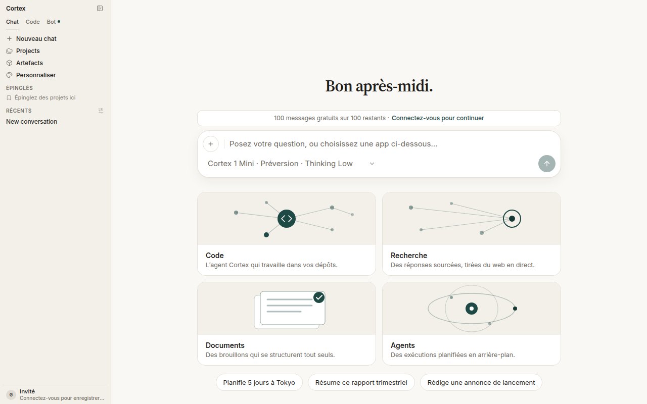 Cortex Chat home in French — Bonjour, Nouveau chat, Projets, Artefacts, Personnaliser