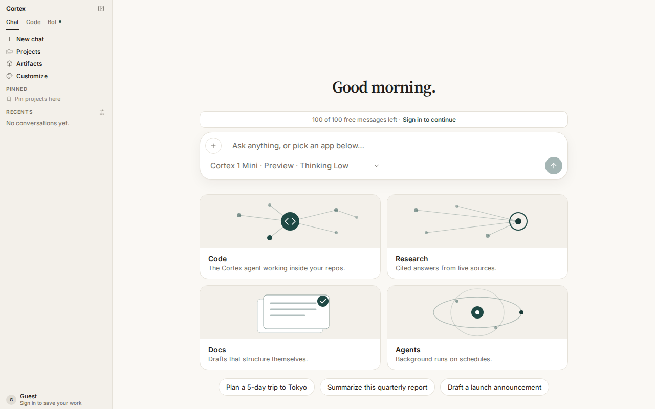 Cortex Chat home — Chat, Code, and Bot in the sidebar, composer ready