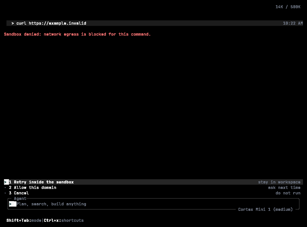 Cortex CLI sandbox denial with three numbered options