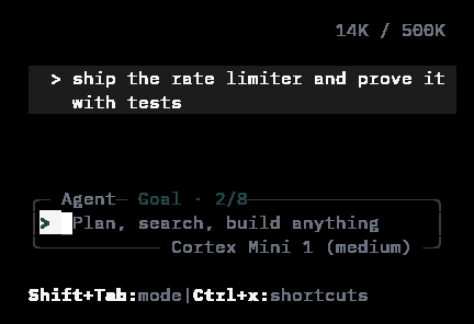 Cortex CLI composer with the Goal chip, rendered in a 40 by 12 terminal