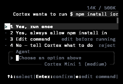 Cortex CLI approval prompt rendered in a 40 by 12 terminal