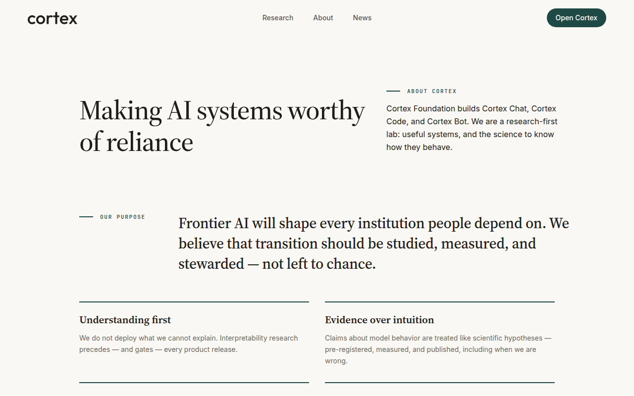 About Cortex — Making AI systems worthy of reliance; the Foundation builds Cortex Chat, Cortex Code, and Cortex Bot