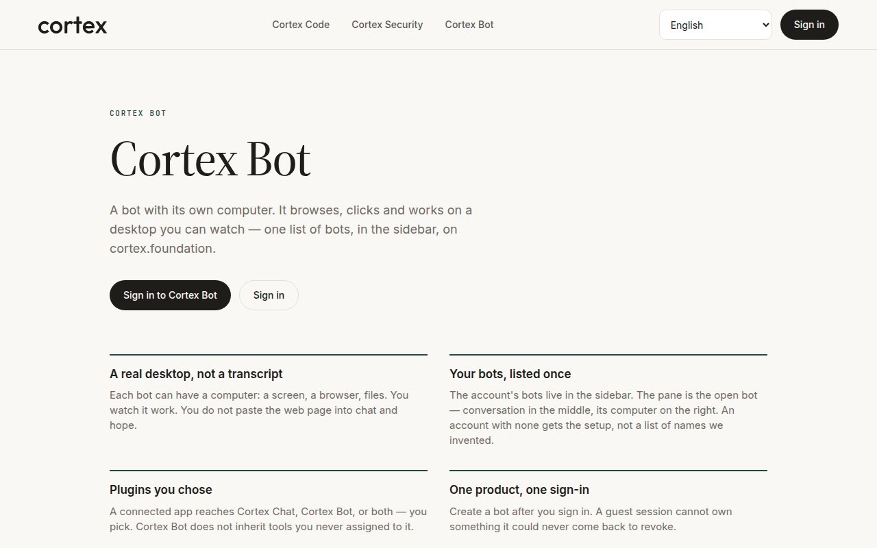 Cortex Bot public page — a bot with its own computer