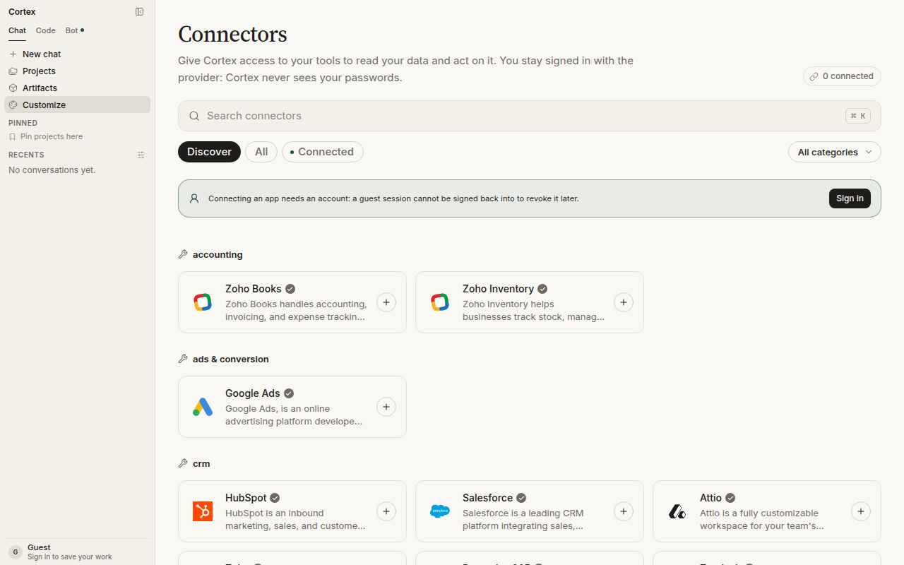 Connectors — search connectors, Discover / All / Connected, apps grouped by category