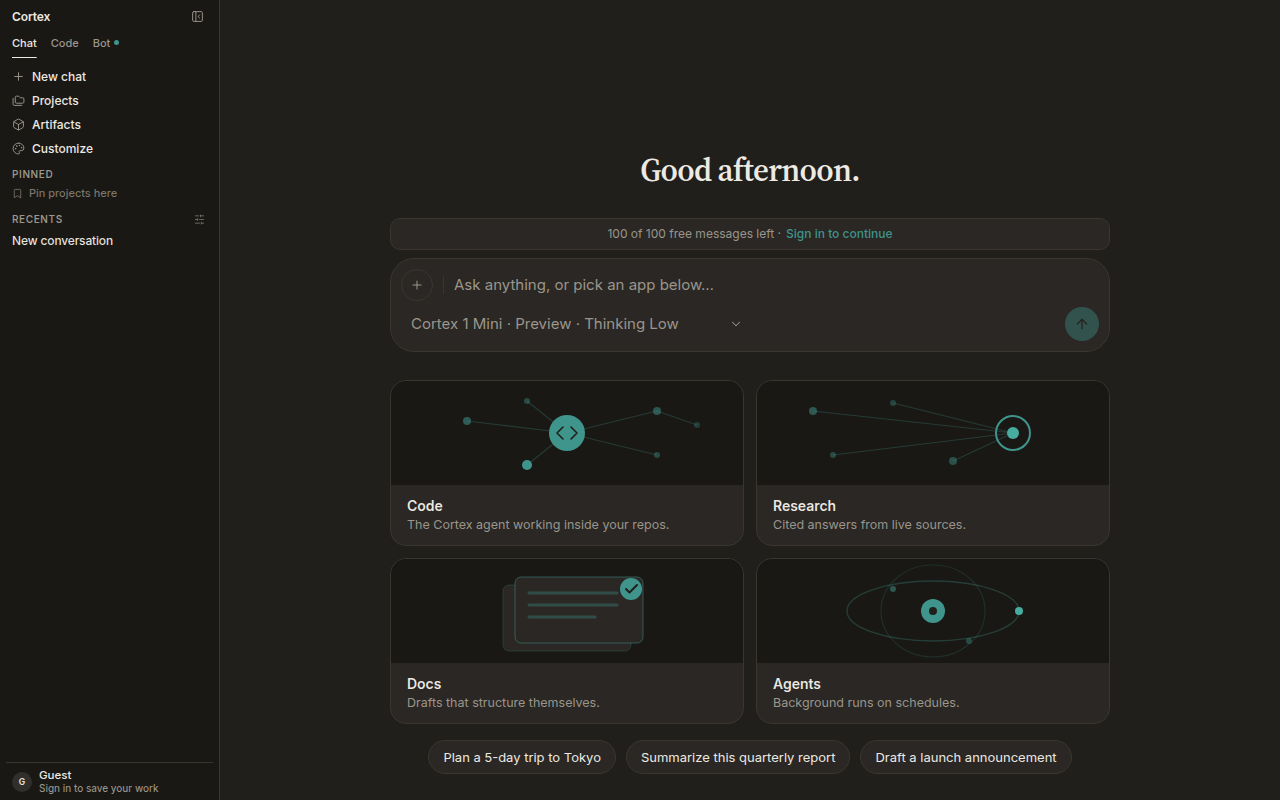 Cortex Chat home in the dark theme