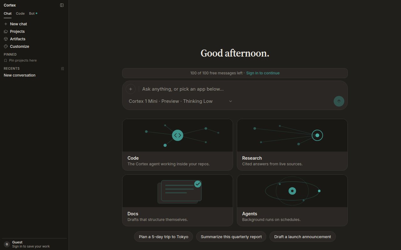 Cortex Chat home in the dark theme