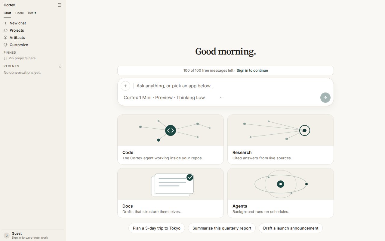 Cortex Chat home — Chat, Code, and Bot in the sidebar, composer ready