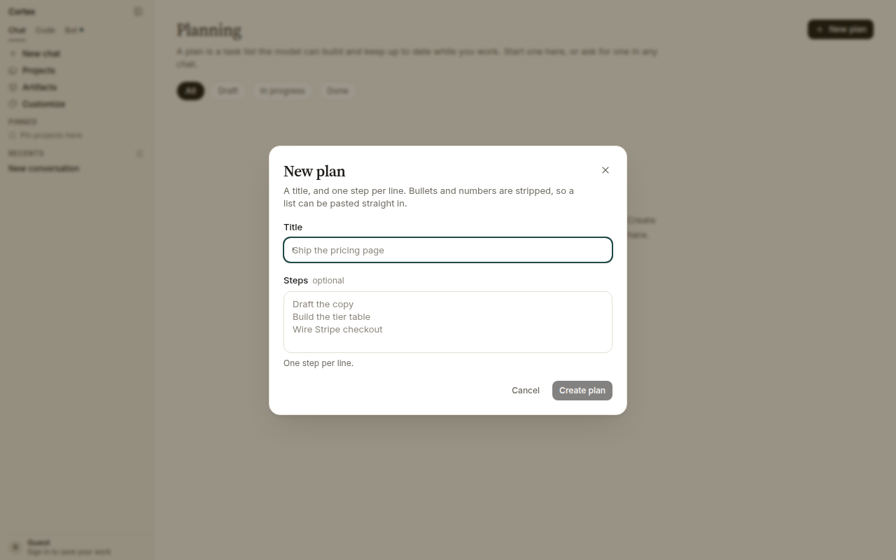 New plan dialog with Title and optional Steps, one step per line