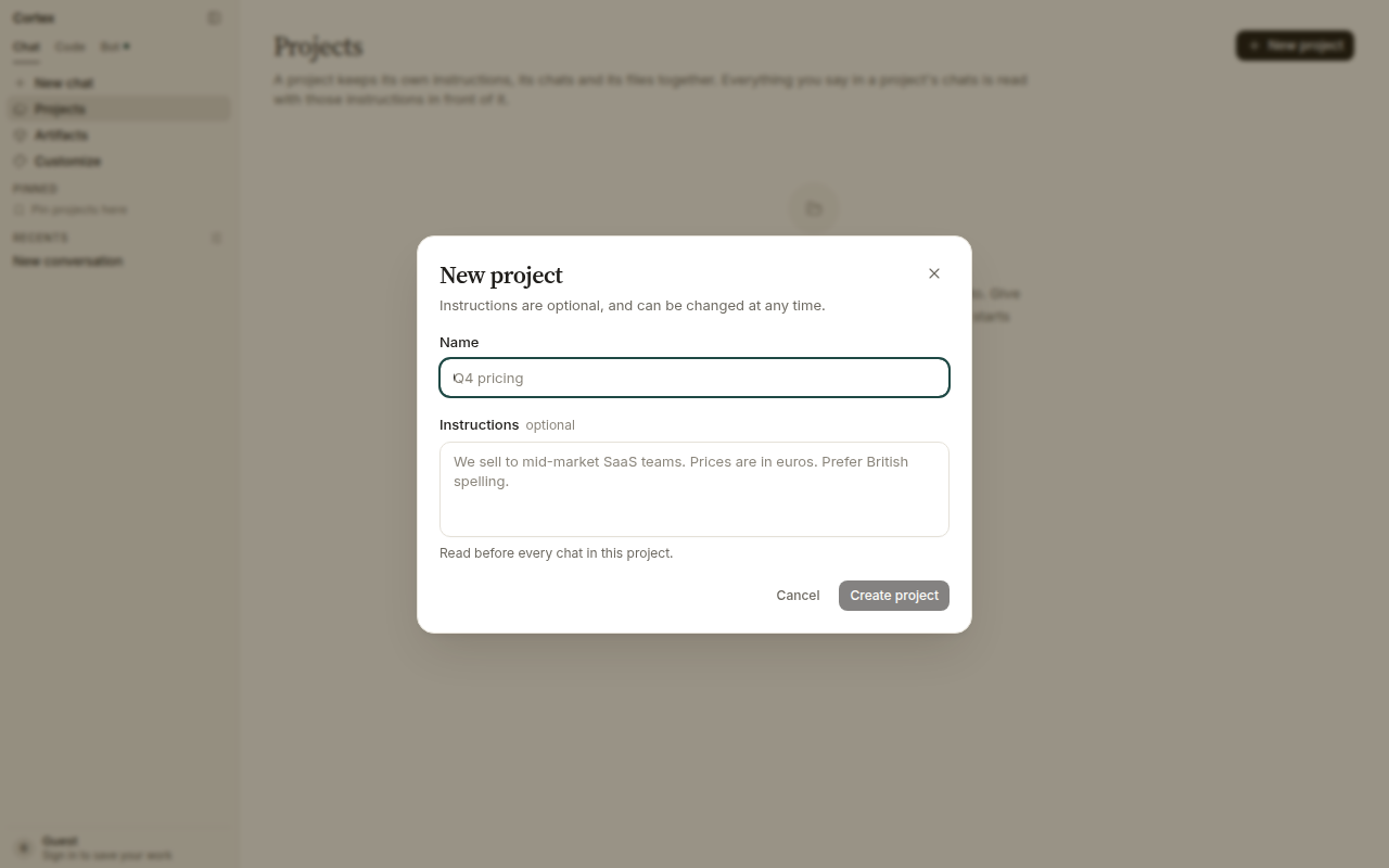 New project dialog with Name and optional Instructions fields
