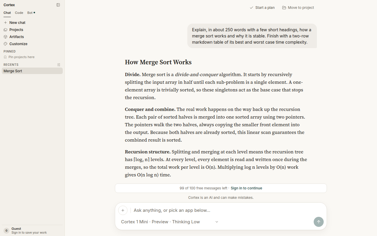 A Chat reply with headings and formatted prose explaining merge sort