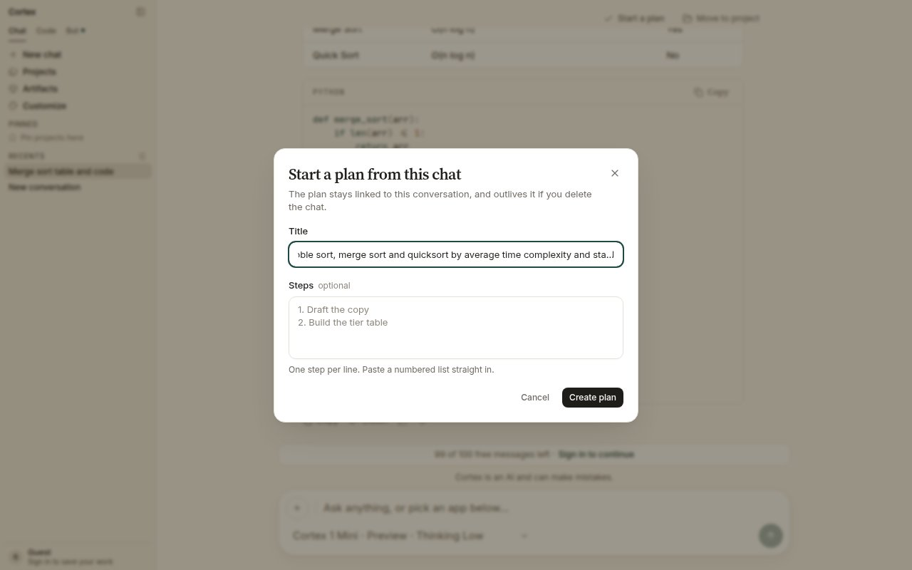 Start a plan from this chat dialog with Title and optional Steps