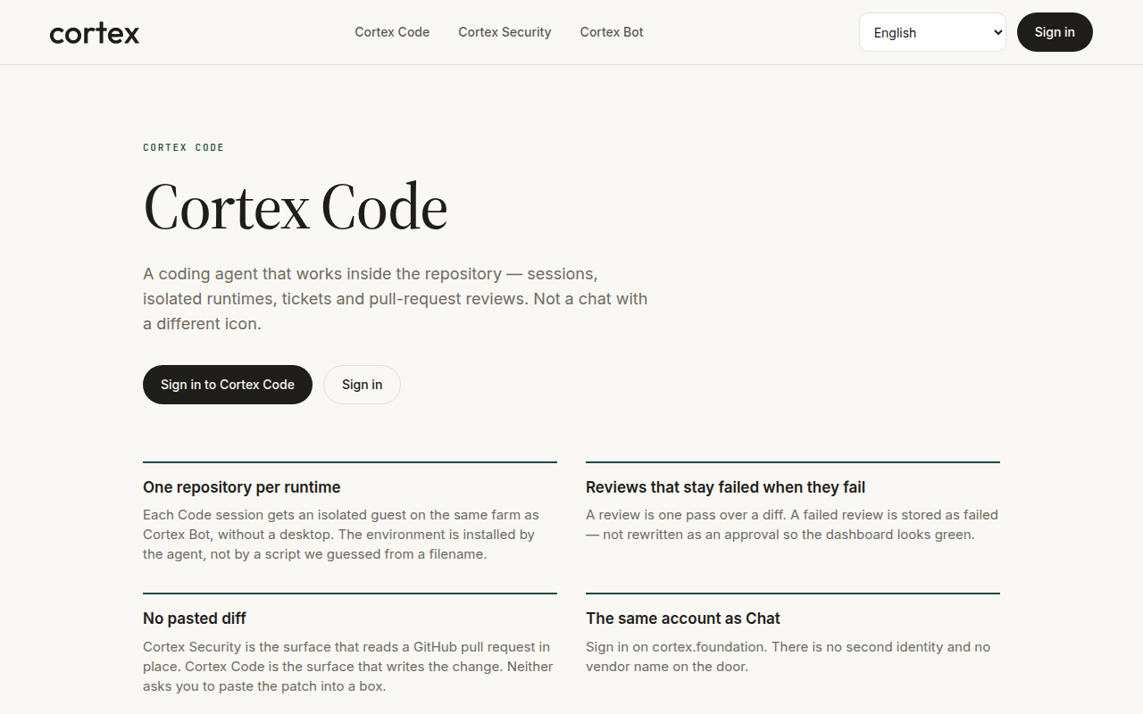 Cortex Code public page — a coding agent that works inside the repository