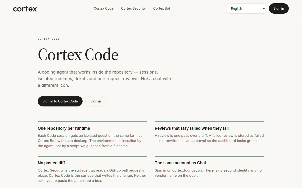 Cortex Code public page — a coding agent that works inside the repository