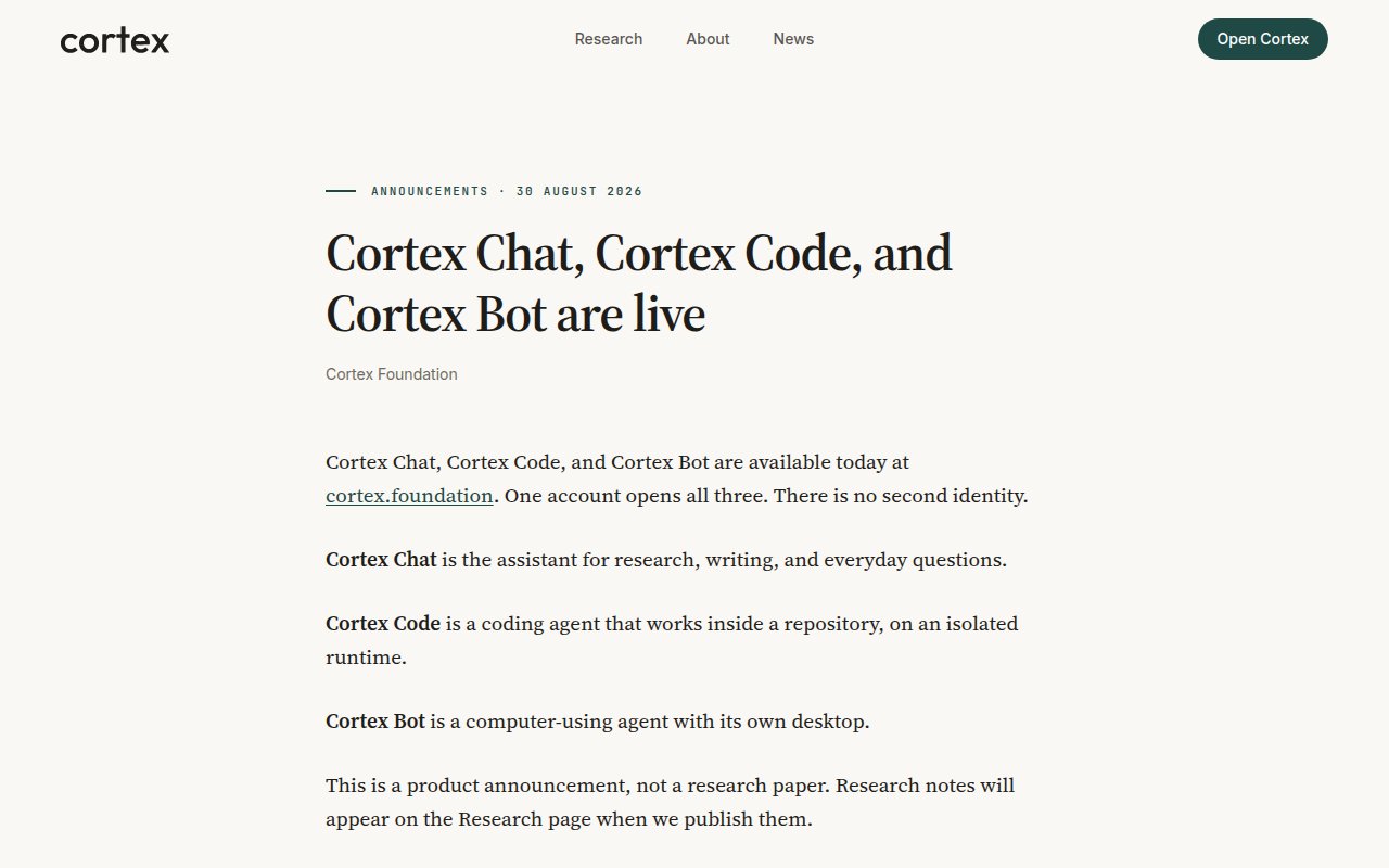 Cortex Chat, Cortex Code, and Cortex Bot are live — Cortex Foundation announcement