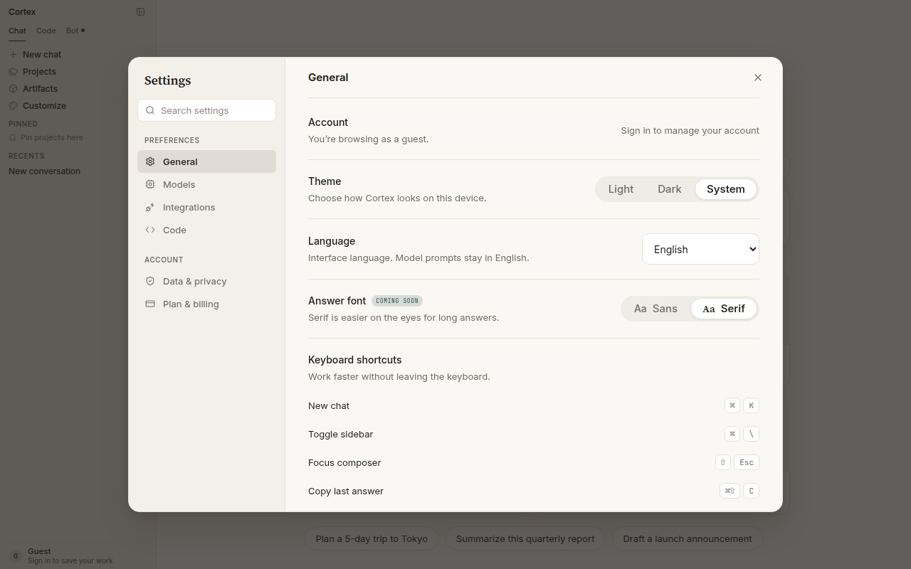Settings panel — General tab with Account, Theme, Language, Answer font, and Keyboard shortcuts