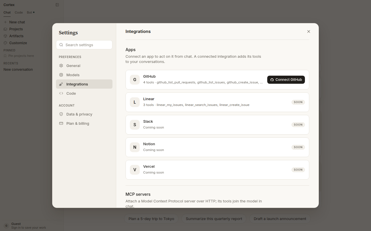 Settings → Integrations — GitHub with a Connect GitHub button and tools listed; Linear, Slack, Notion, Vercel marked Soon