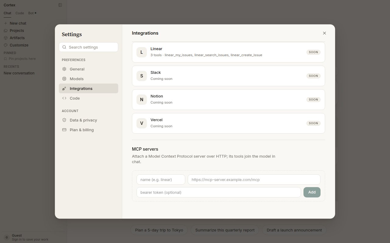 MCP servers — name, https URL, bearer token (optional), Add