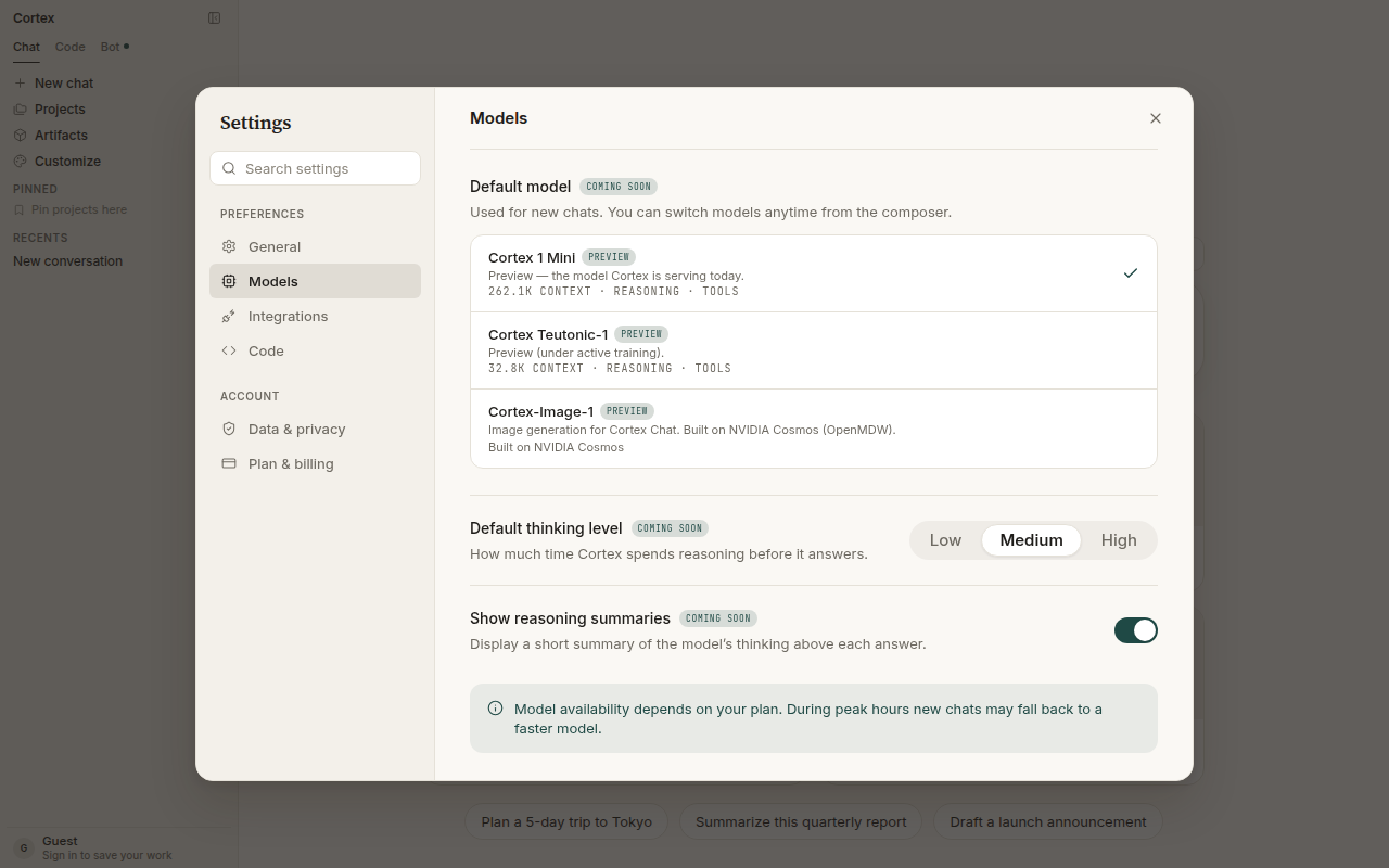 Settings → Models — Cortex 1 Mini, Cortex Teutonic-1, Cortex-Image-1, default thinking level, reasoning summaries