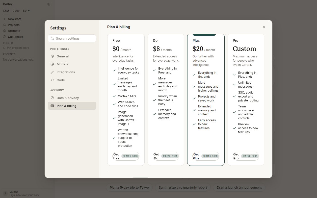 Plan & billing — Free, Go, Plus, and Pro plan cards with their features