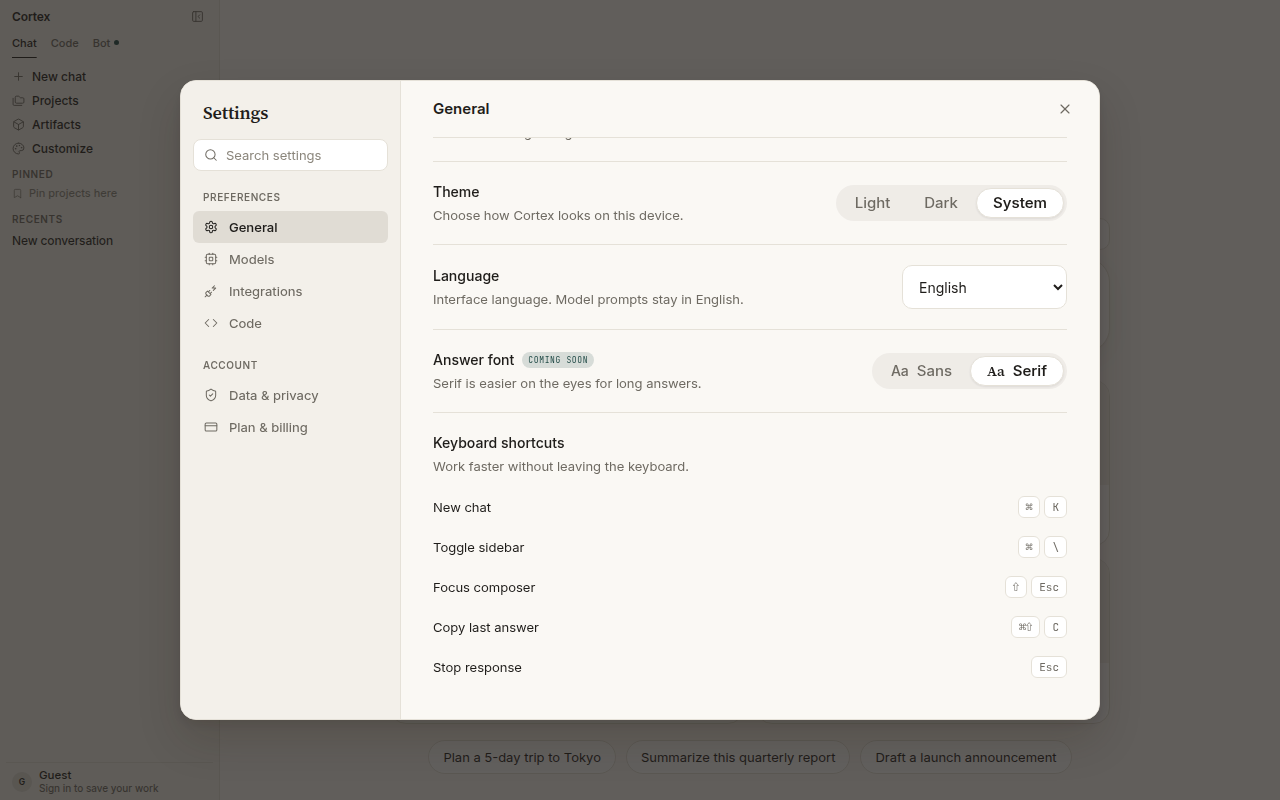 Keyboard shortcuts — New chat, Toggle sidebar, Focus composer, Copy last answer, Stop response