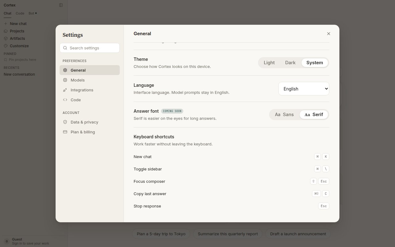 Keyboard shortcuts — New chat, Toggle sidebar, Focus composer, Copy last answer, Stop response