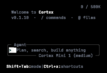 Cortex CLI welcome splash rendered in a 40 by 12 terminal