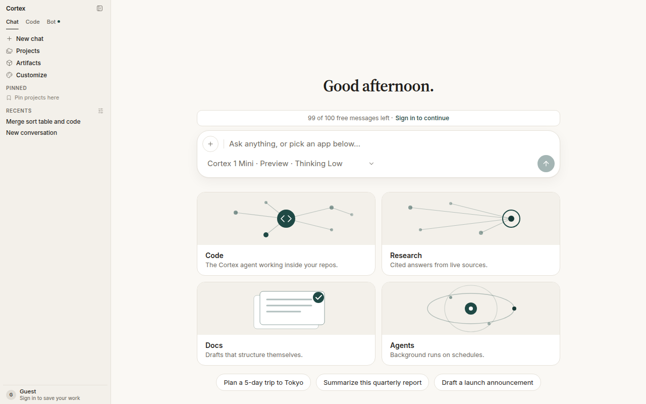 Cortex Chat home with recent conversations in the sidebar and the composer ready
