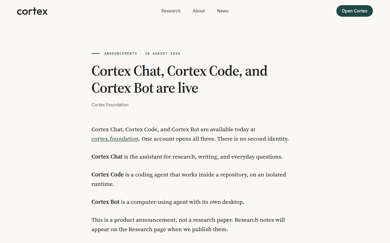 Cortex Chat, Cortex Code, and Cortex Bot are live — Cortex Foundation announcement