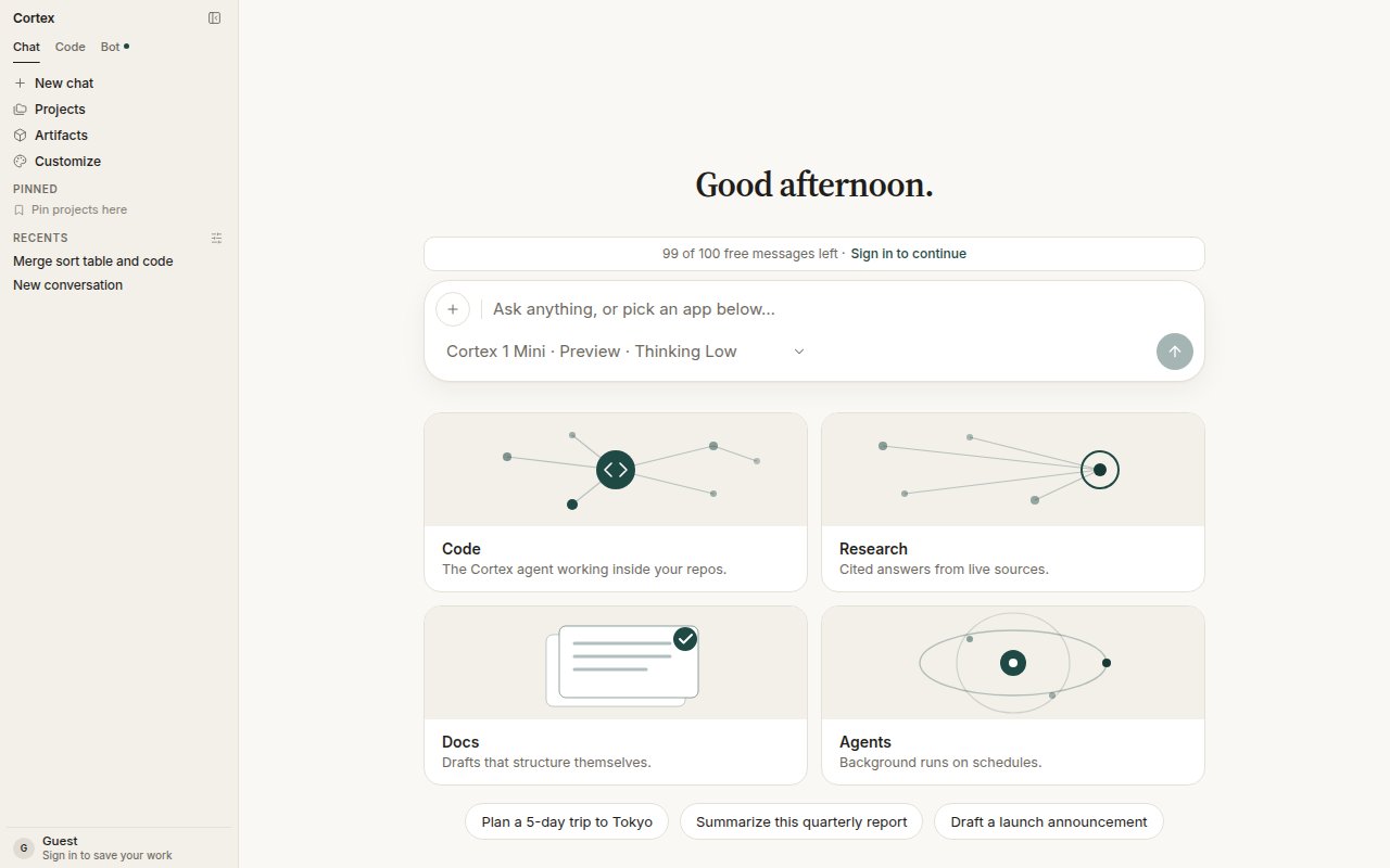 Cortex Chat home with recent conversations in the sidebar and the composer ready