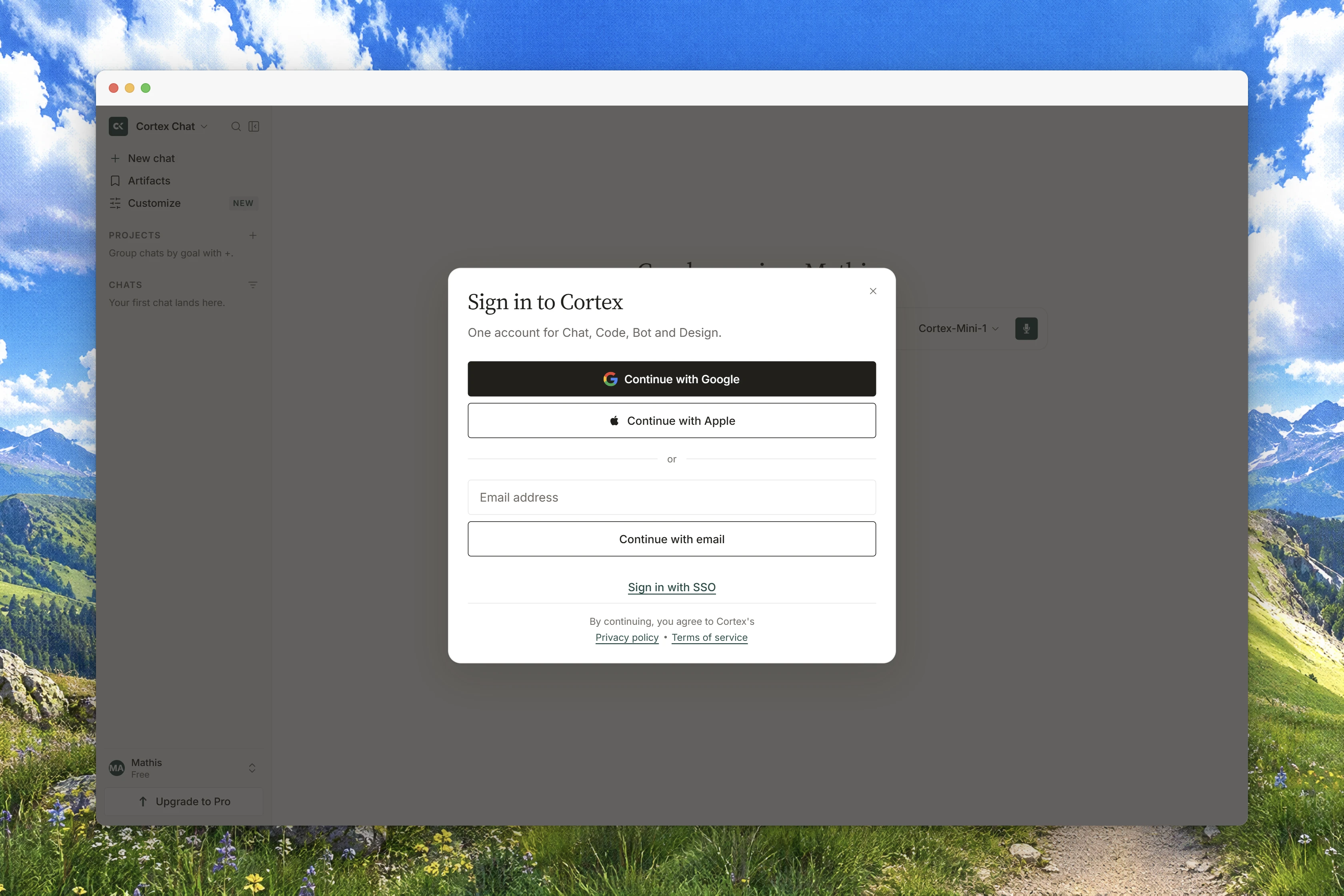 The Cortex sign-in dialog over Chat with Google, Apple, email, and single sign-on options.