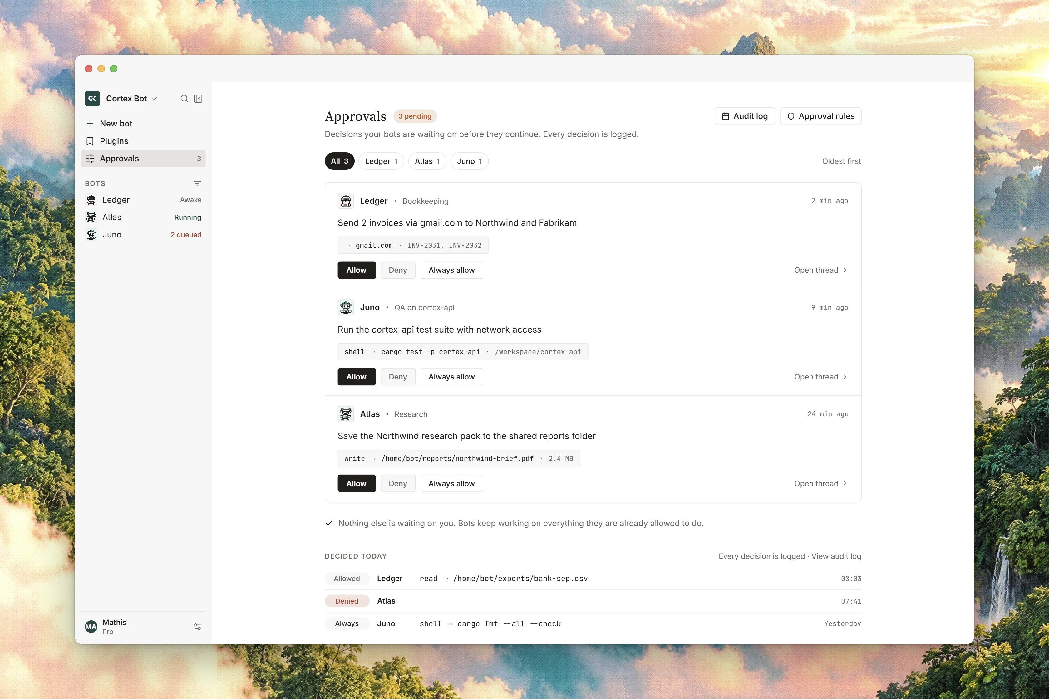 The Bot approvals inbox with pending tool requests, command context, and allow or deny controls.