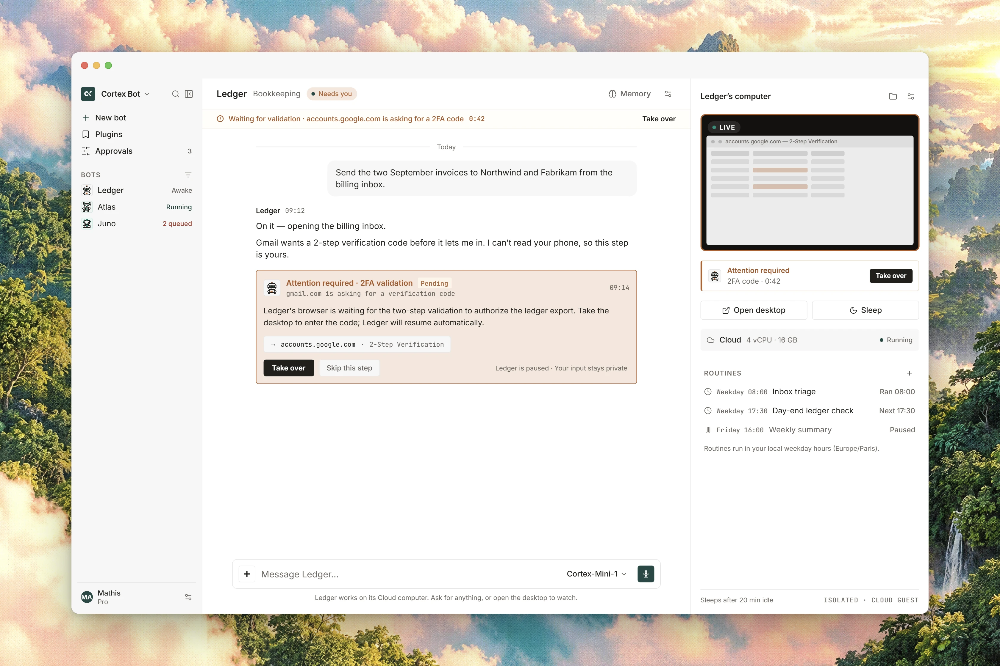 A Bot conversation waiting for help with a sign-in challenge, with an attention request and a take-over control.