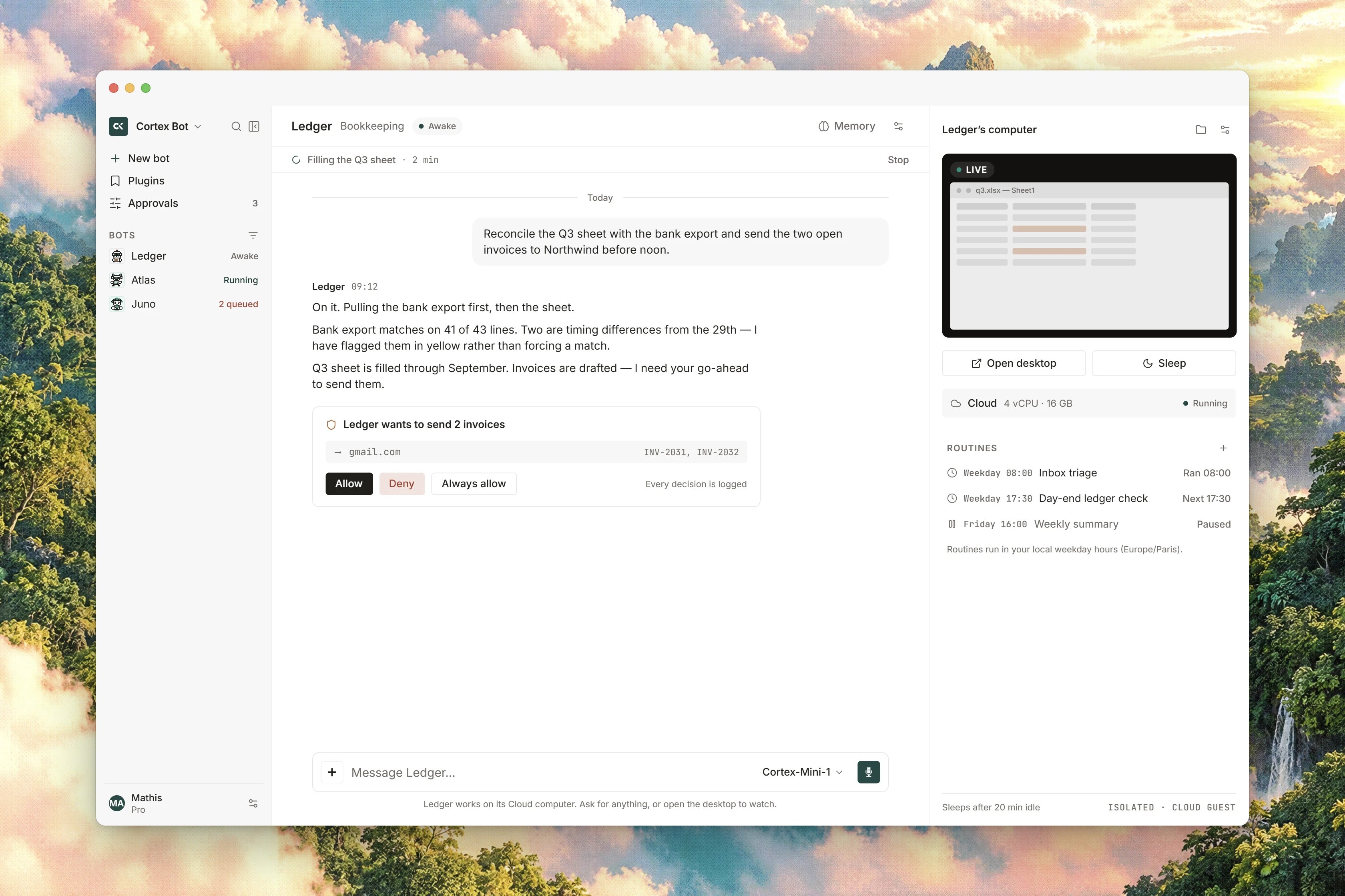 A Bot workspace with an ongoing conversation, an approval request, and the bot's Cloud computer preview.