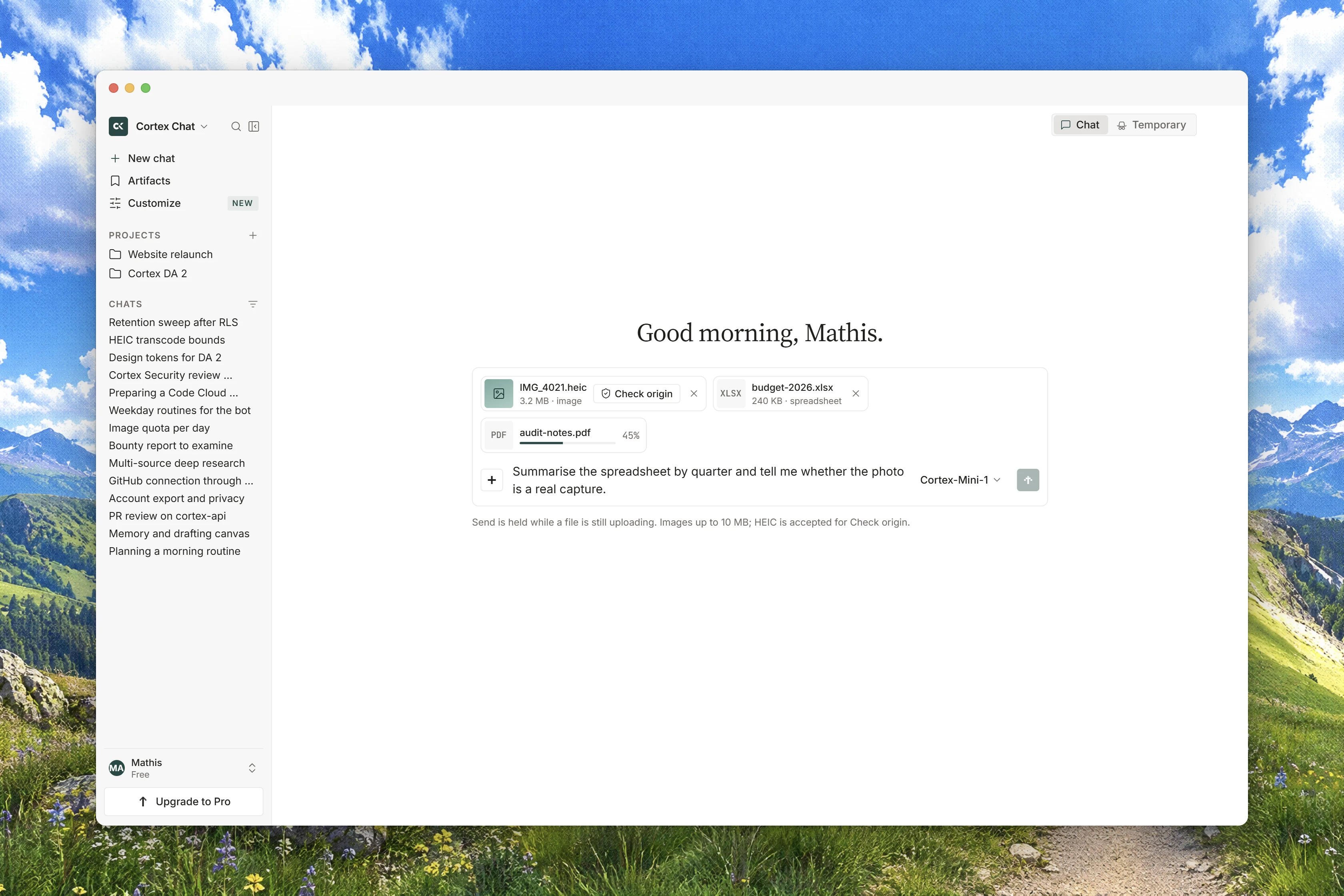 The Chat composer with file attachments and options for choosing files to send with a message.