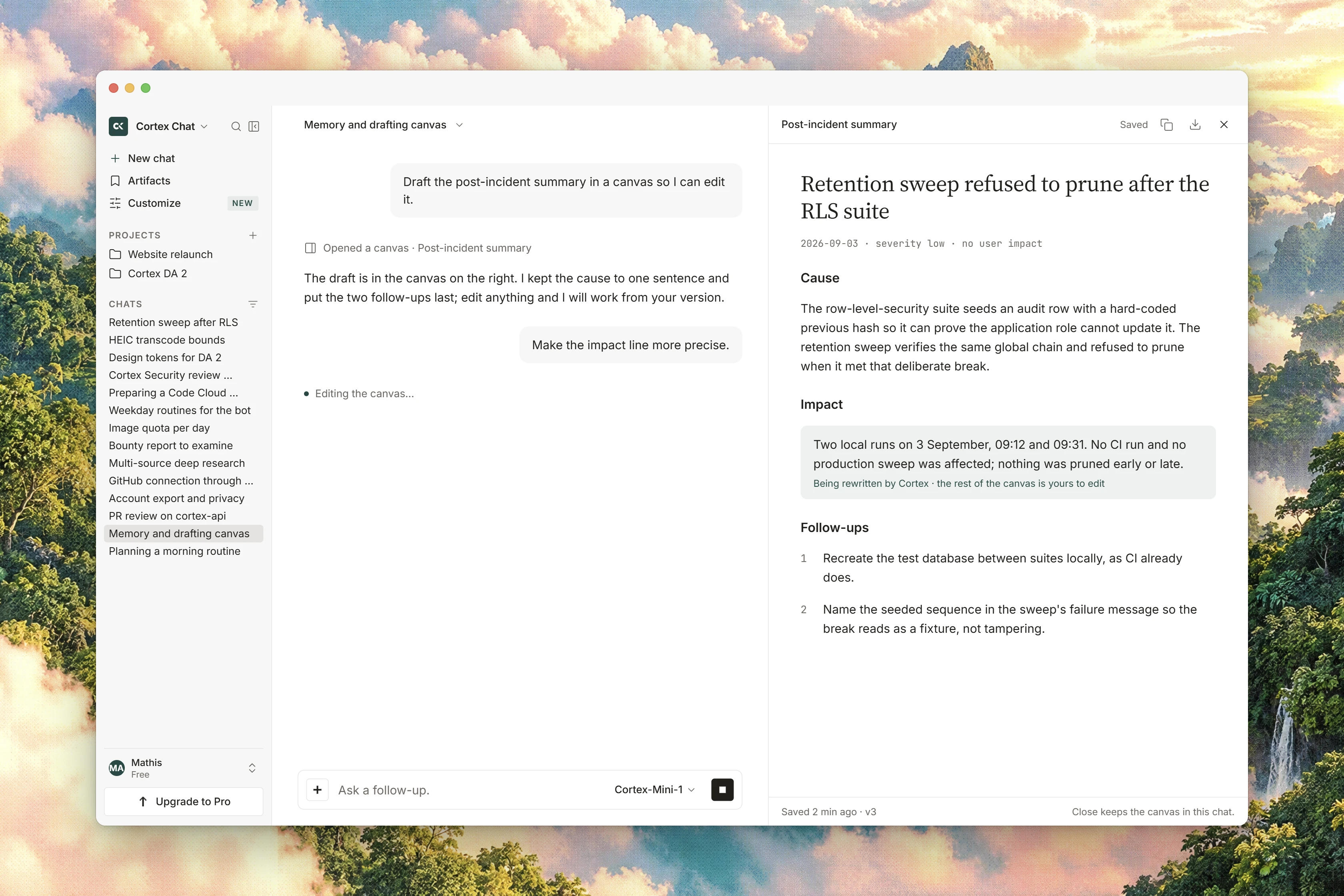 An editable document canvas beside a Chat conversation, with a passage selected for rewriting.