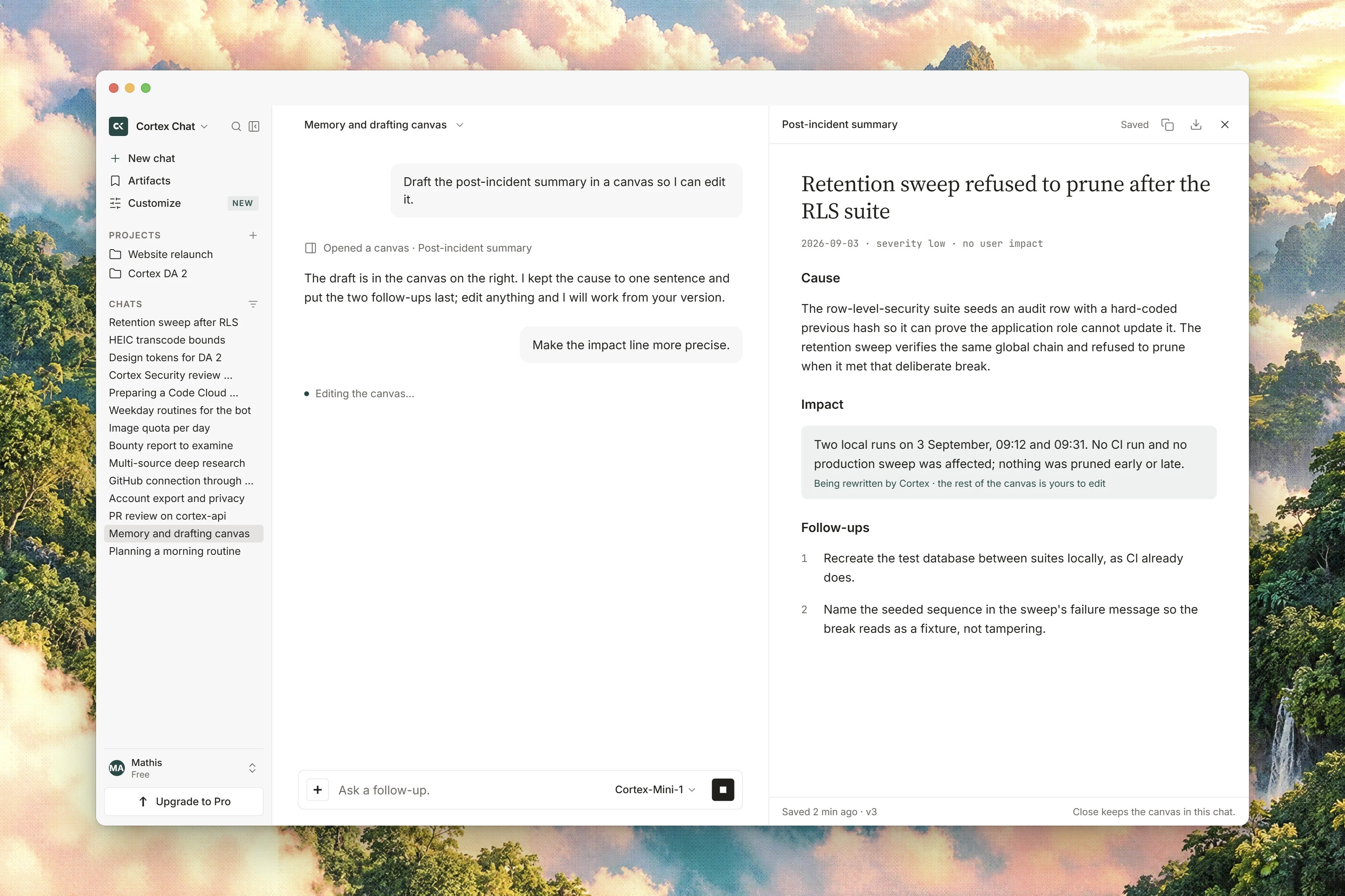 An editable document canvas beside a Chat conversation, with a passage selected for rewriting.
