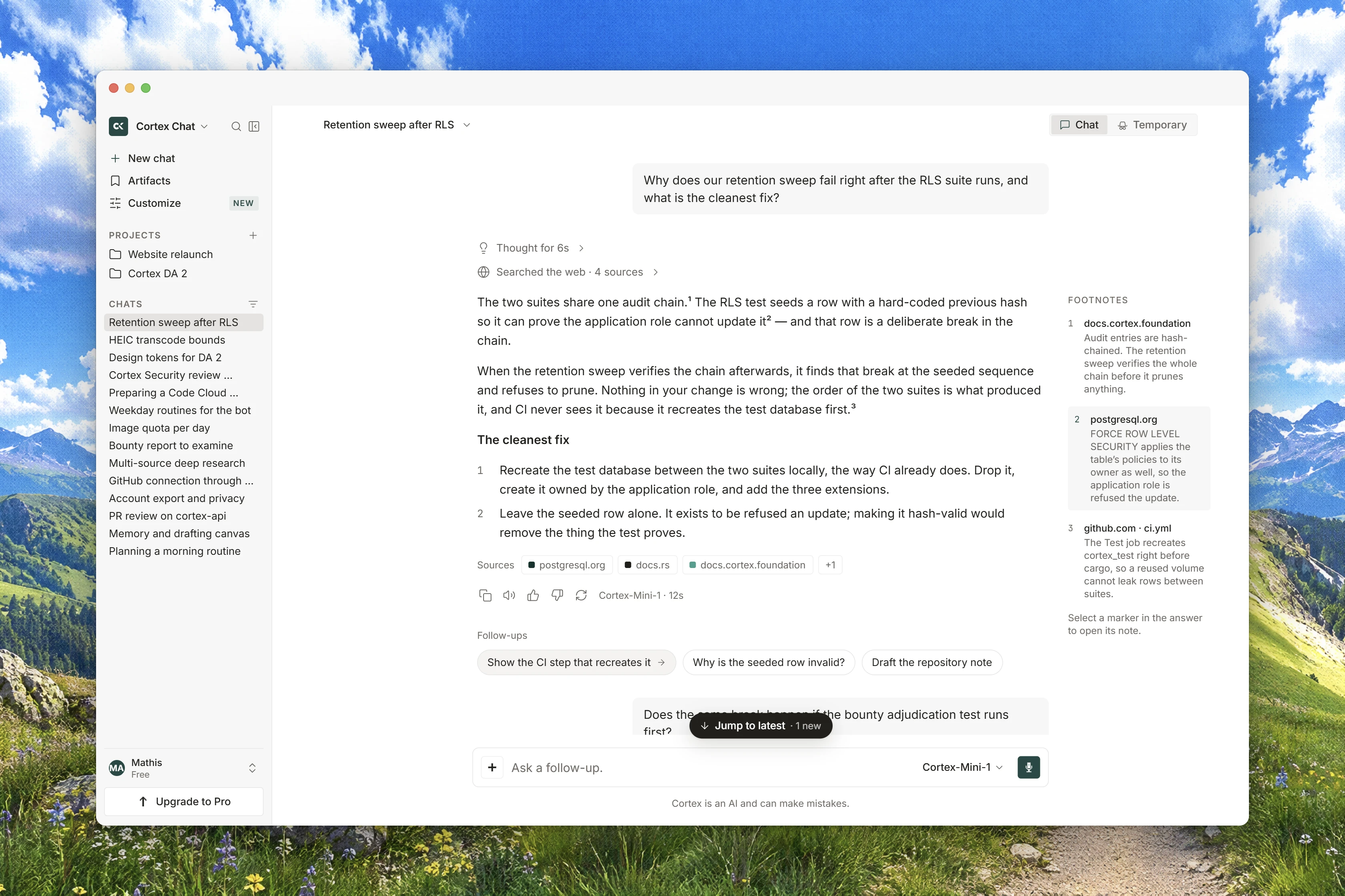 A cited Chat answer with a footnote source panel open beside the conversation.