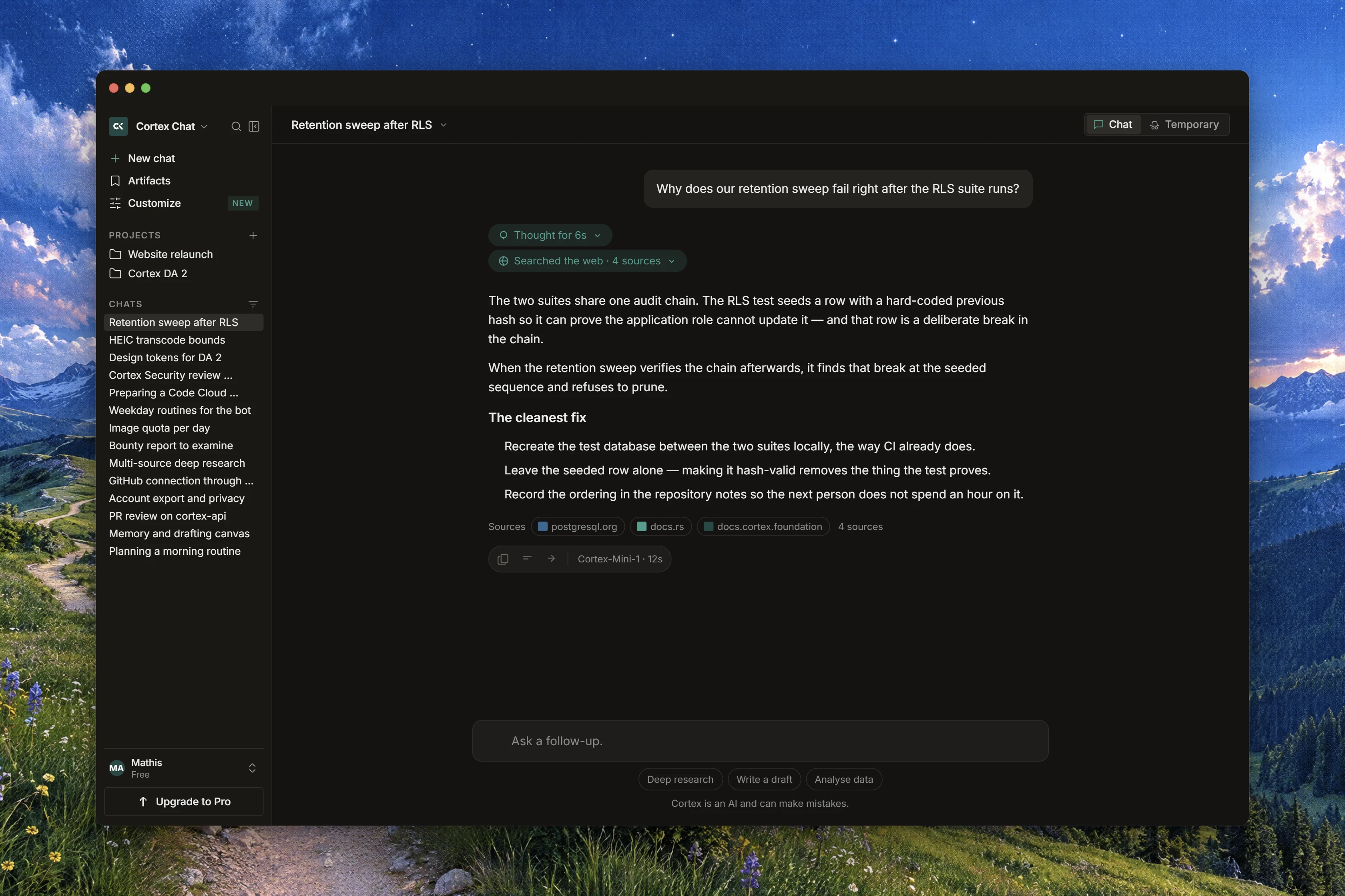A Cortex Chat conversation with a question, an answer, and the composer for a follow-up message.
