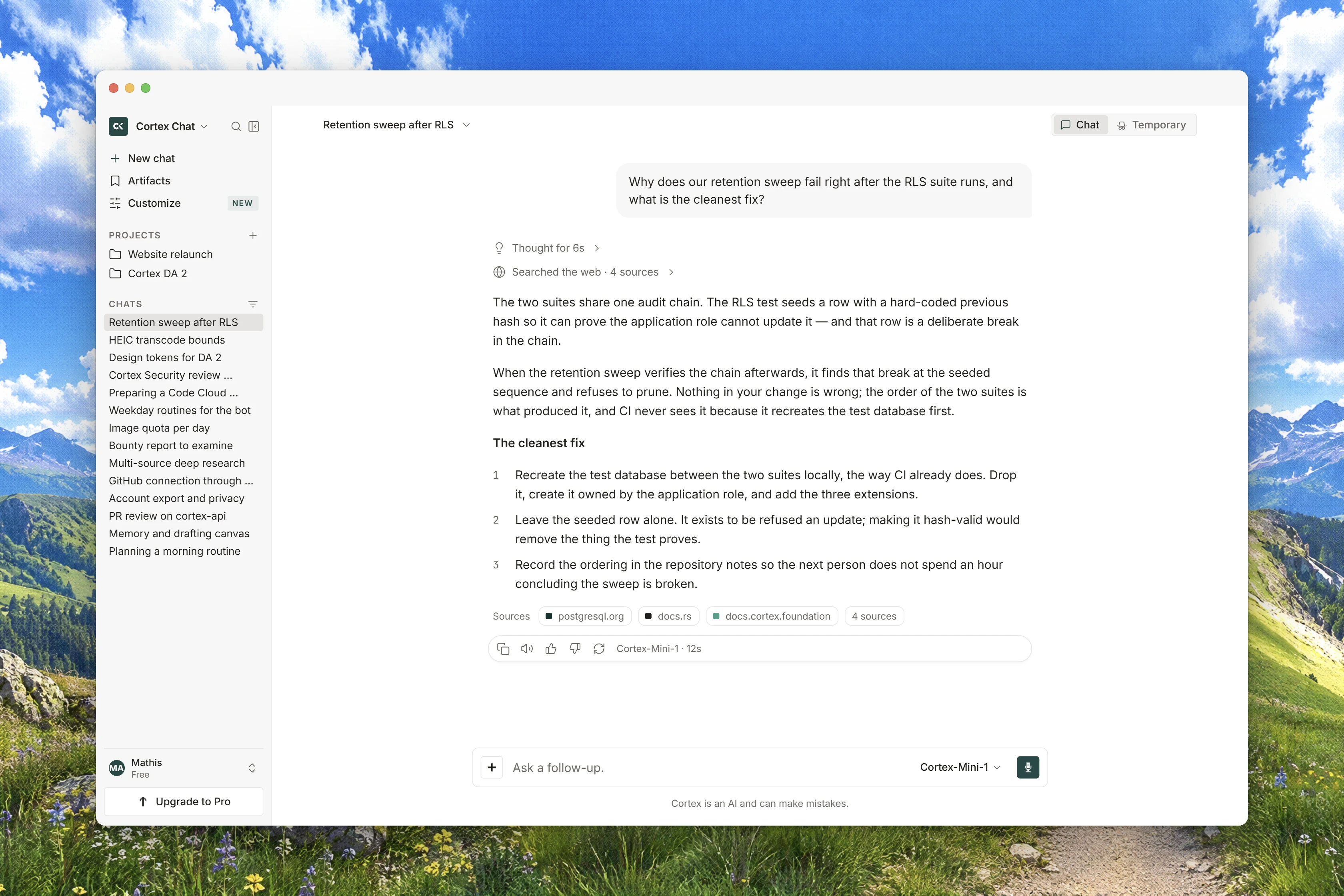 A Cortex Chat conversation with a question, an answer, and the composer for a follow-up message.