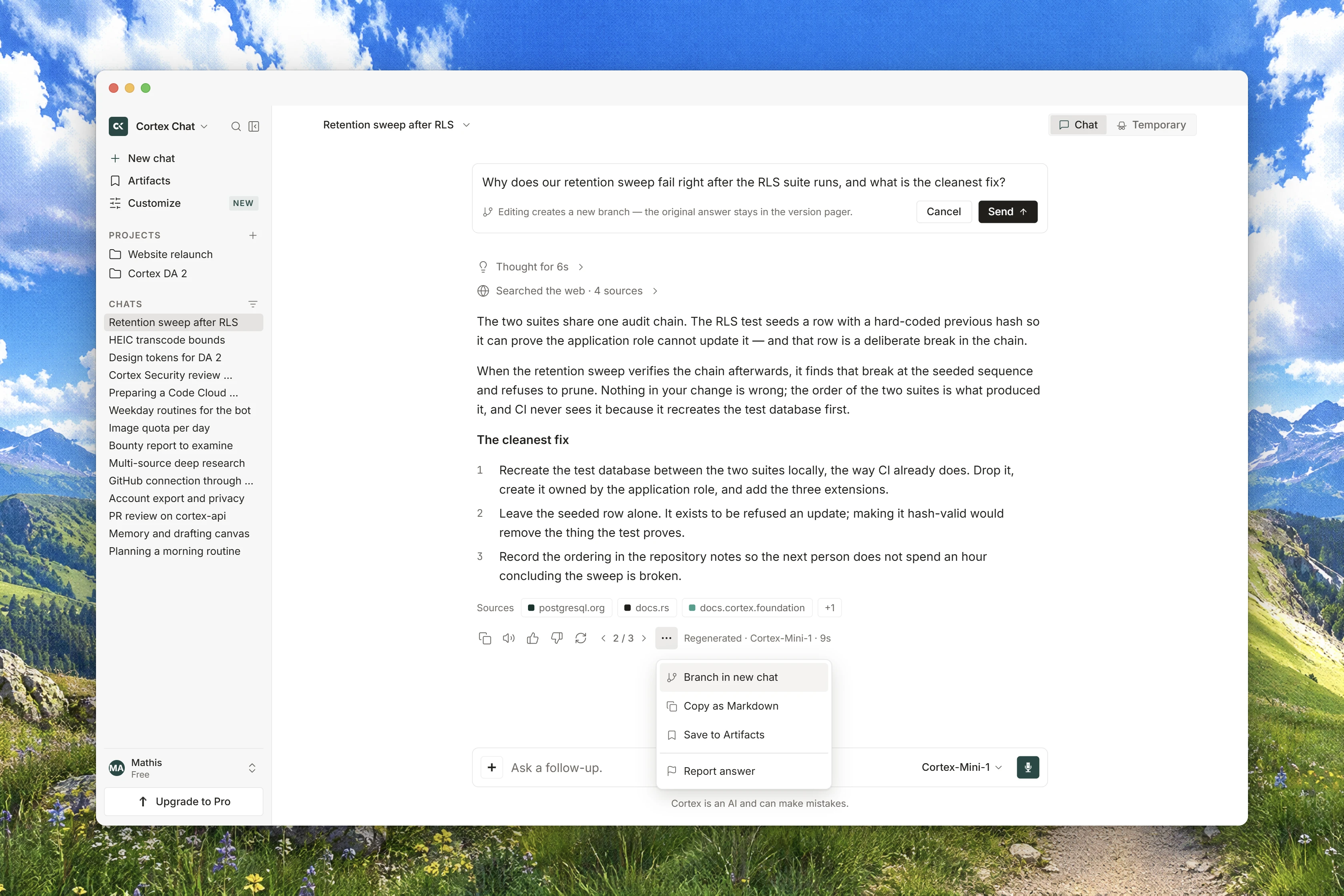 A Chat message being edited beside an answer version pager and message actions.