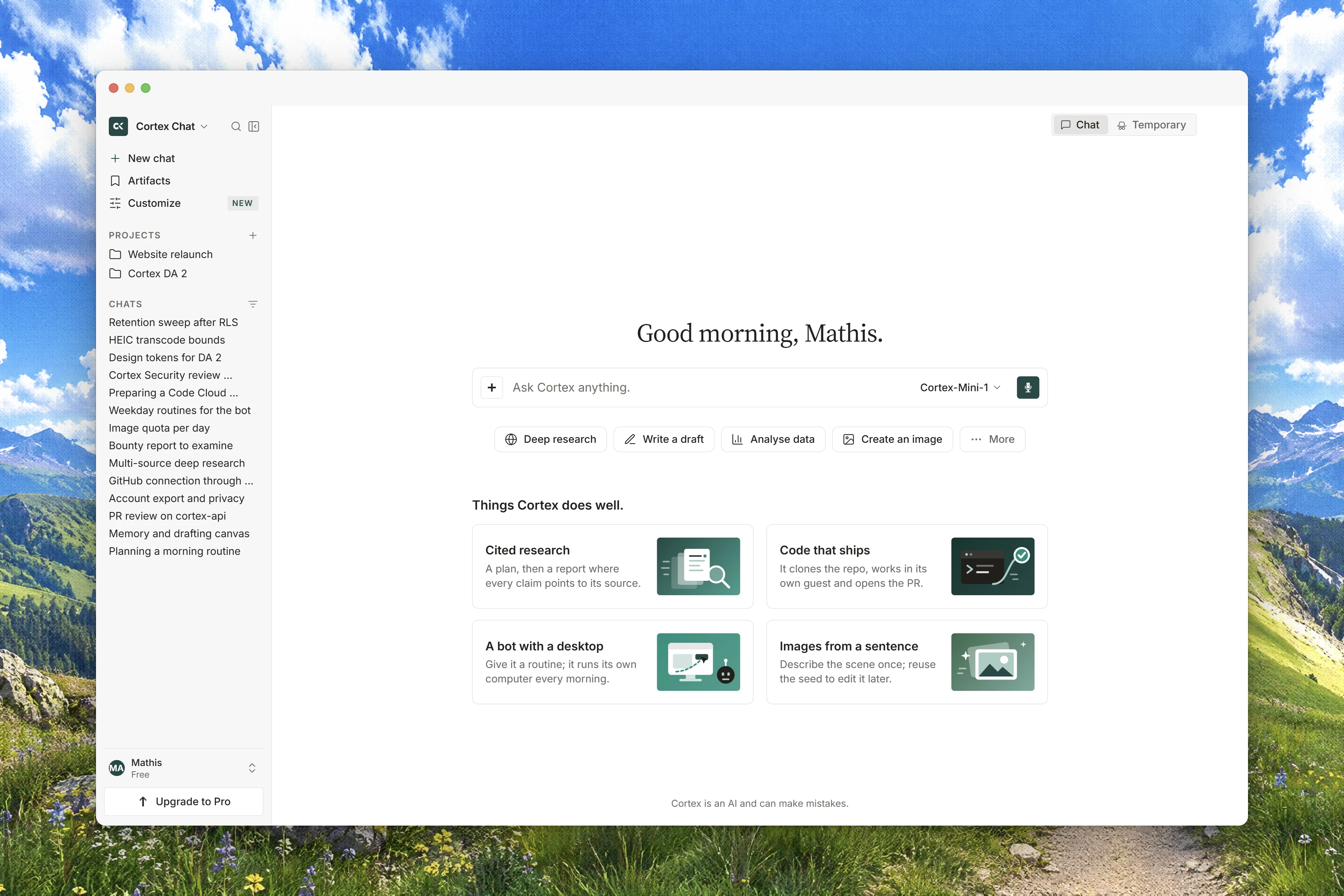 Cortex Chat home with a message composer, starting prompts, and workspace navigation.