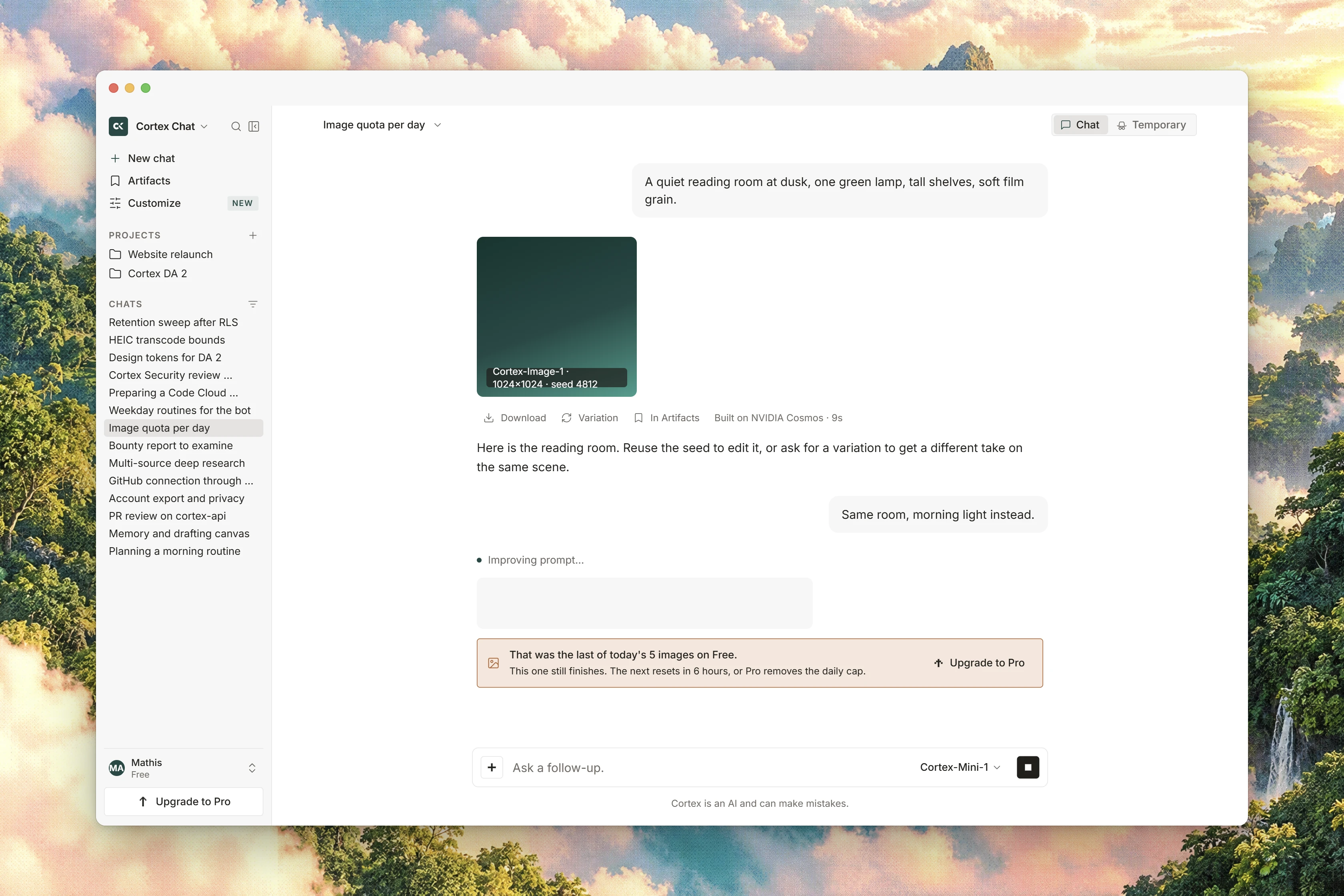 A generated image displayed as a result in a Cortex Chat conversation.