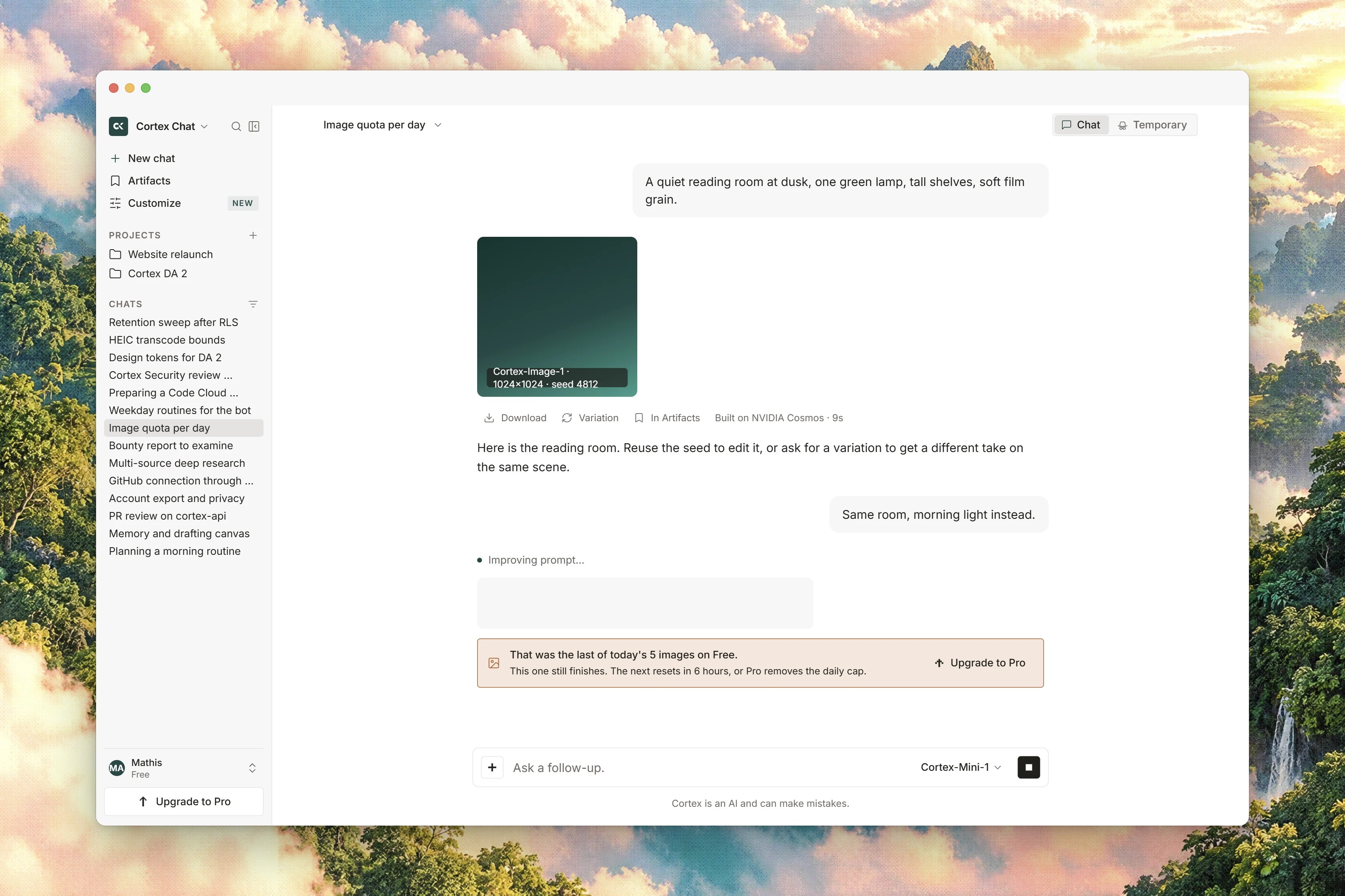 A generated image displayed as a result in a Cortex Chat conversation.