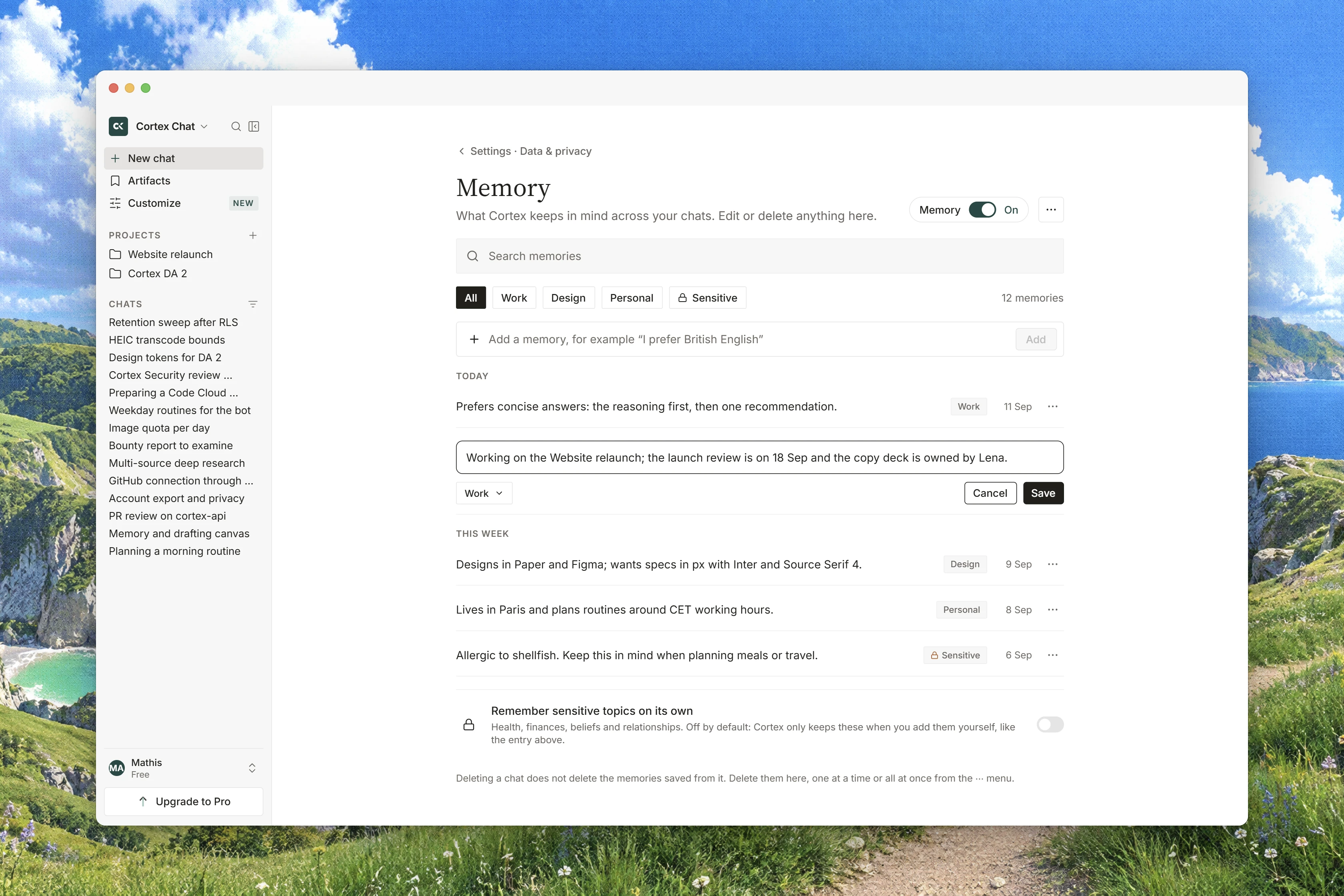 Chat memory settings with saved entries, search and category filters, and a memory being edited.